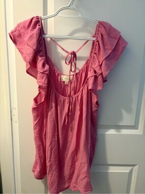 Perch by Blu Pepper Pink Floral Ruffle Sleeve Tunic Blouse - 1X